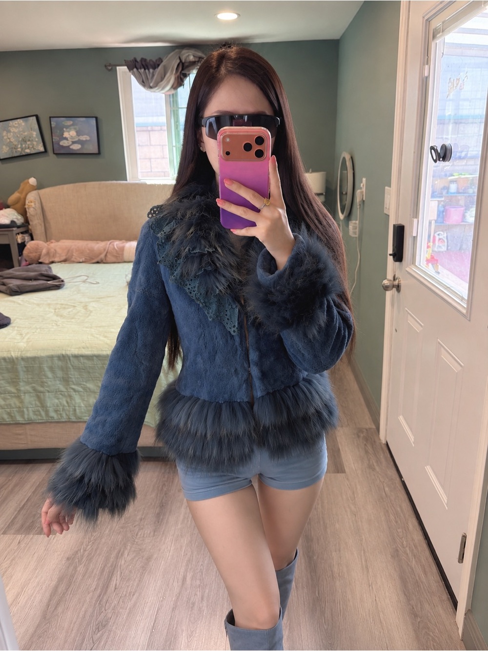 Vintage DORATTI Blue Raccoon Fur Lace Ruffle Fitted Jacket XXS XS - Picture 2 of 11